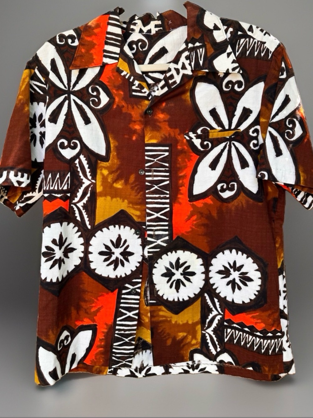 Vtg 60s Atomic Tiki Barkcloth Hawaiian Shirt L